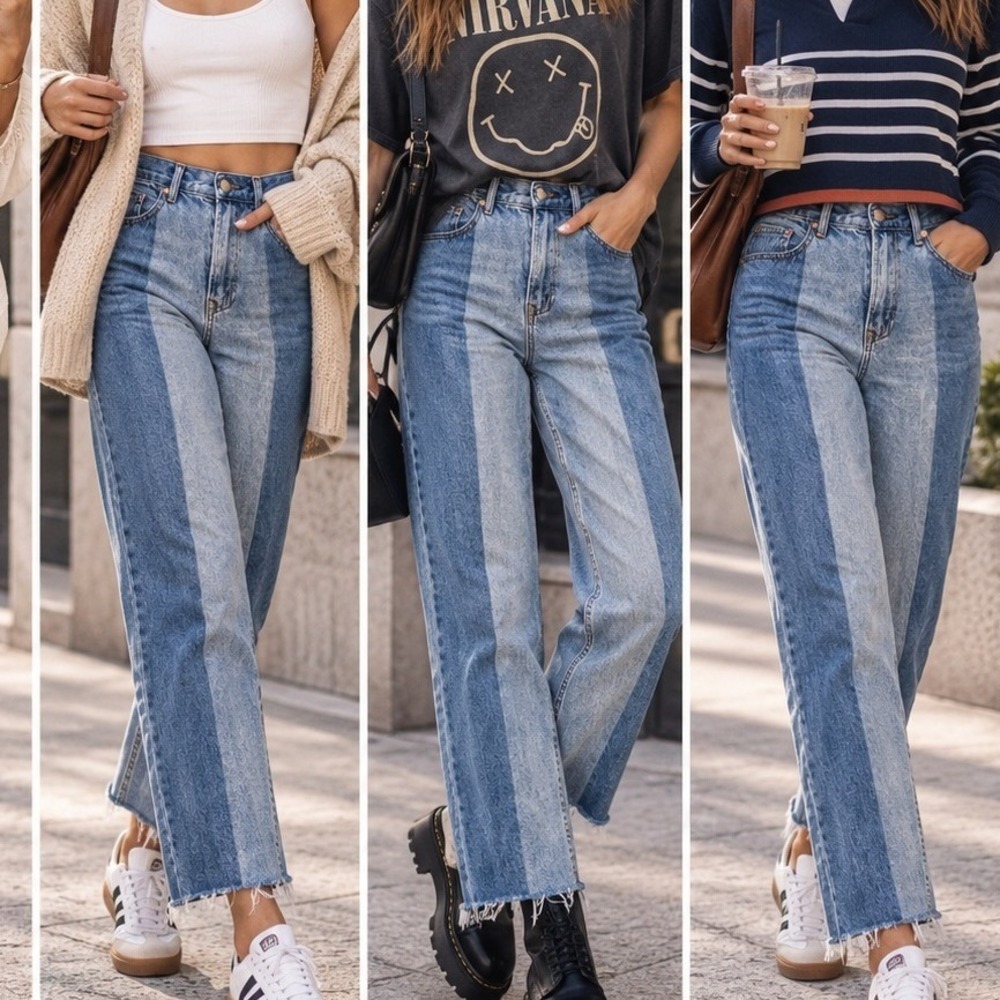 Fashion Nova Two Tone Colorblock Straight Leg Raw Hem Jeans Blue Size 11 Long